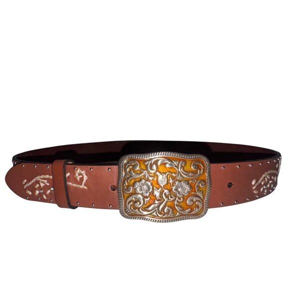Unbranded Accessories - Womens Belt Brown Top-Grain Leather Embroidered Amber Floral Enamel Buckle Boho